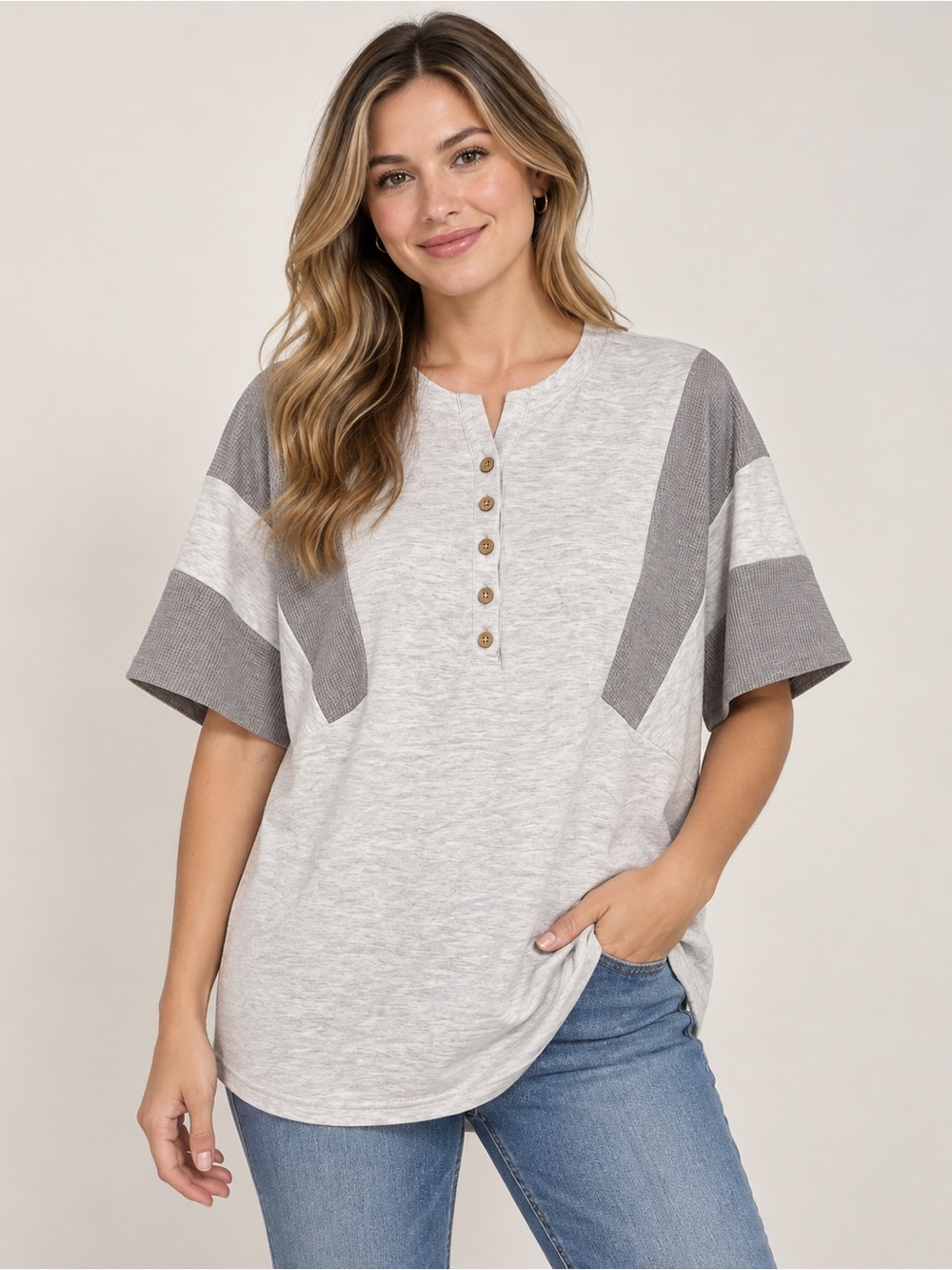 Women's Gray Short-Sleeve Henley Top with Contrast Panels